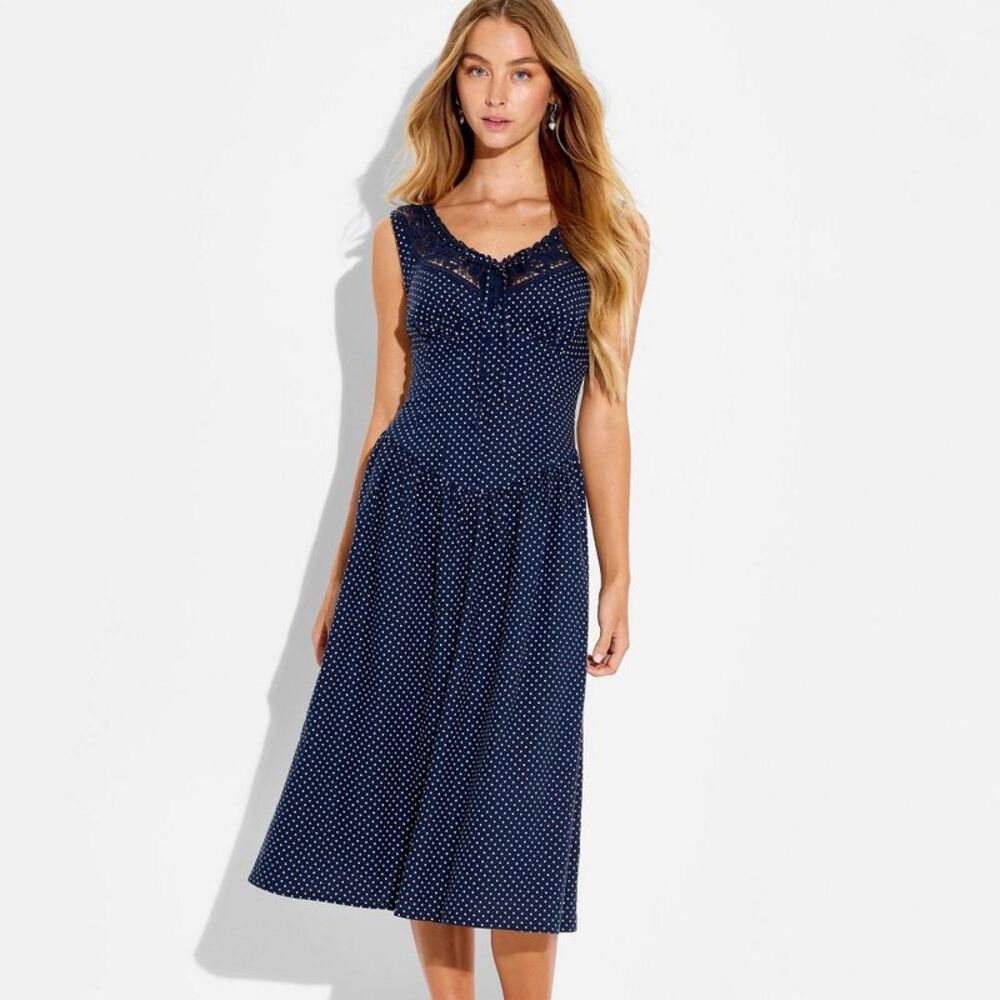 Women's Button-Front Lace Midi Dress - Wild Fable Navy Blue Polka Dots XXS
